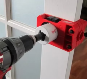 Door being prepared for a new lock installation
