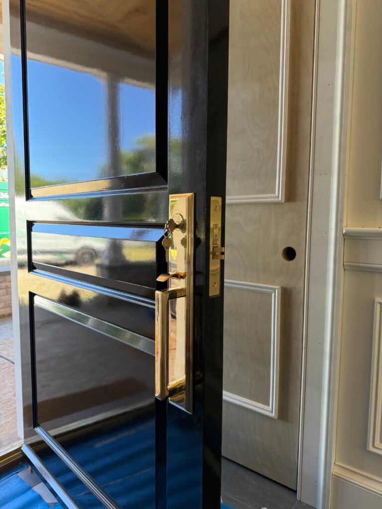 Brass mortise lock installed in a new two-inch-thick door on Birdseye Road in Orient